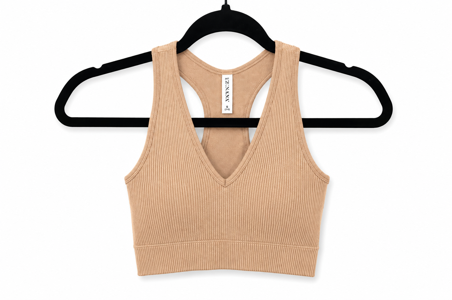 Tan Ribbed V Neck Sports Bra